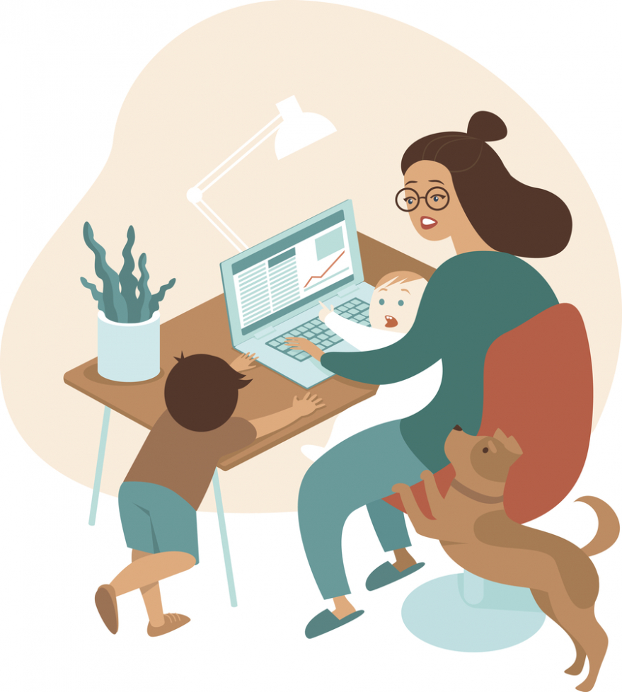 busy parent working from home with kid and pet