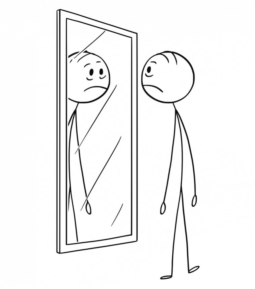 Cartoon of Angry Man Blaming Yourself in the Mirror
