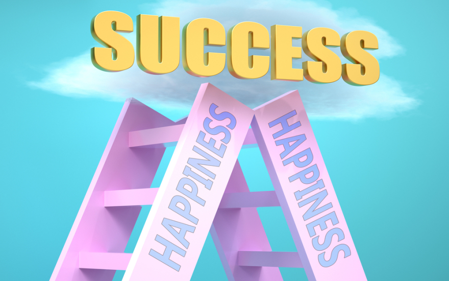 Happiness ladder that leads to success high in the sky