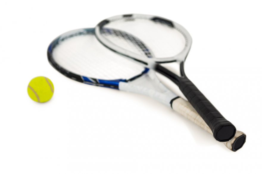 tennis ball and two rackets on a white background