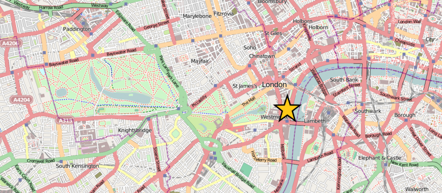 Location of the Palace of Whitehall in Central London